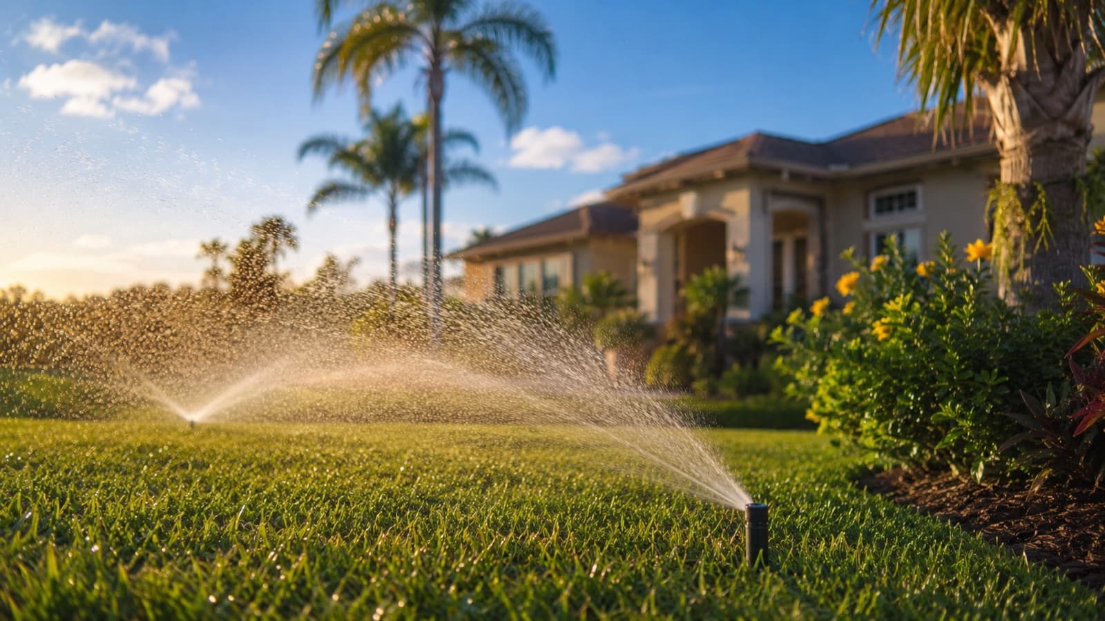 Residential irrigation system spraying water across a Central Florida front lawn — illustrative