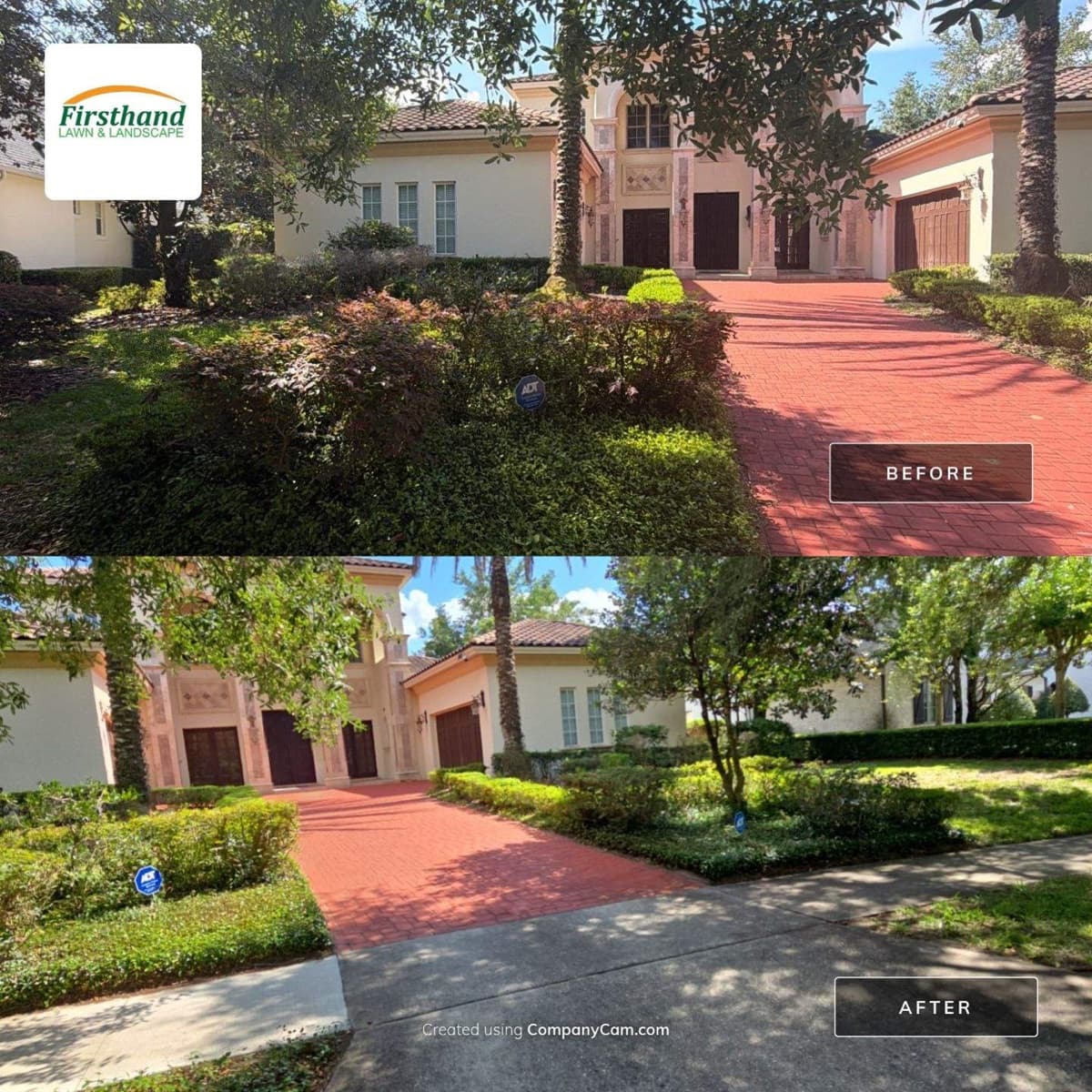Before-and-after of property cleanup at a Mediterranean estate in Central Florida — overgrown landscape around brick paver driveway restored to manicured beds and lawn — Firsthand Lawn and Landscape