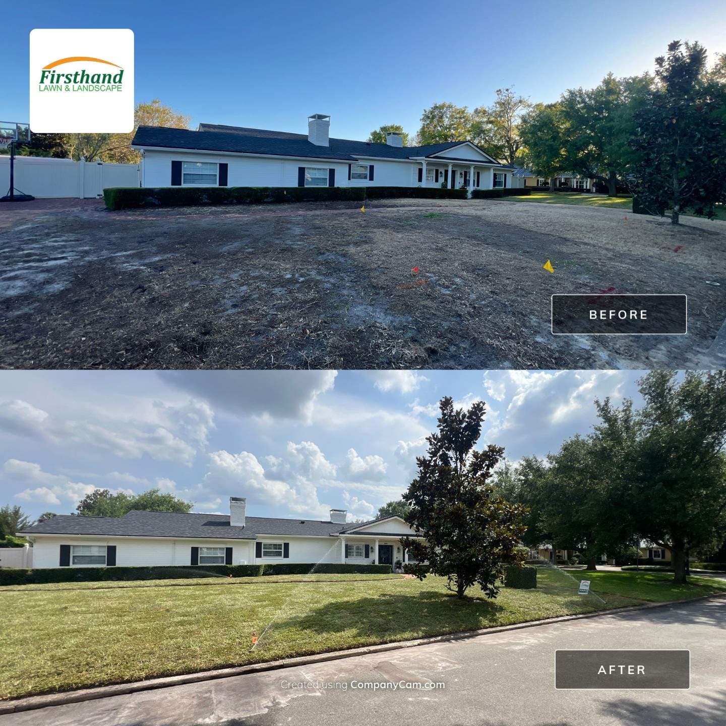 Before-and-after of complete sod installation at Central Florida residence — bare yard transformed into full green lawn with irrigation — Firsthand Lawn and Landscape